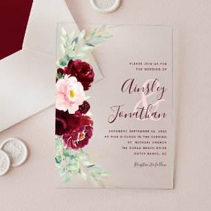 Modern Burgundy Blush Floral Greenery Wedding Acrylic Invitations
