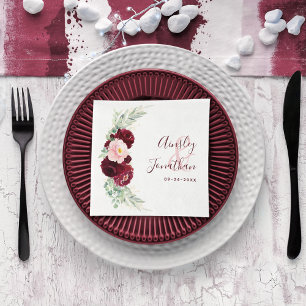 Modern Burgundy Blush Floral Greenery Wedding Napkin