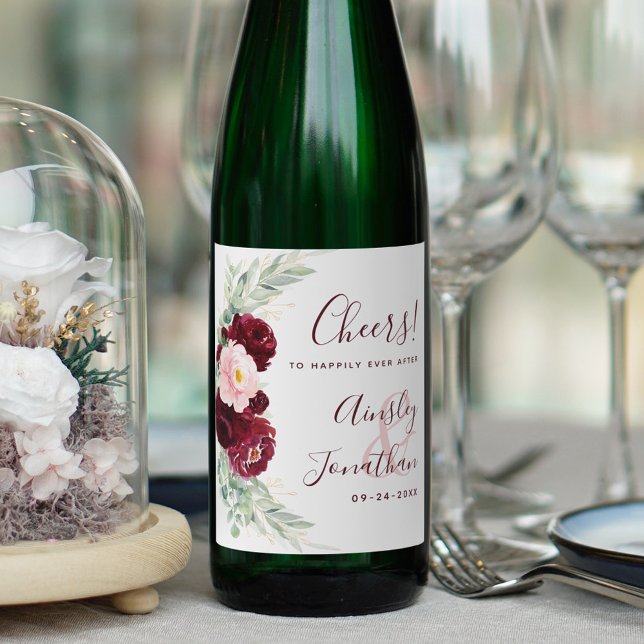 Modern Burgundy Blush Floral Greenery Wedding Wine Label (Creator Uploaded)