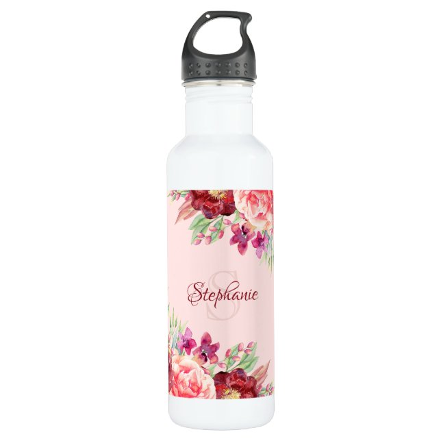 Modern Burgundy Blush Floral Name 710 Ml Water Bottle (Front)