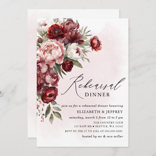 Modern Burgundy Blush Floral Rehearsal Dinner  Invitation (Front/Back)