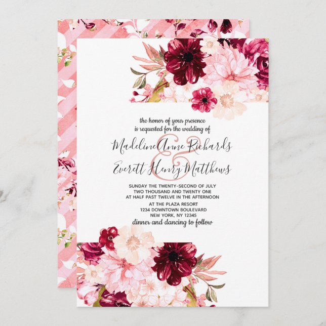 Modern Burgundy & Blush Floral Wedding Invitations (Front/Back)