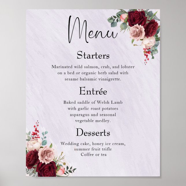 Modern Burgundy Blush Floral Wedding Menu Poster (Front)