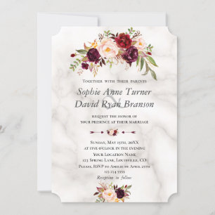 Modern Burgundy Blush Flowers Marble Wedding Invitation