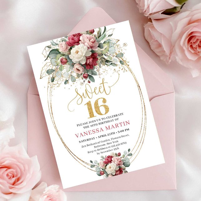 Modern Burgundy Blush Greenery Gold Sweet Sixteen Invitation (Modern Burgundy Blush Greenery Sweet Sixteen Invite)