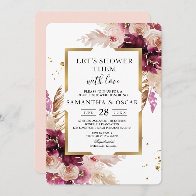 Modern Burgundy Blush Pink  Floral & Gold Frame Invitation (Front/Back)