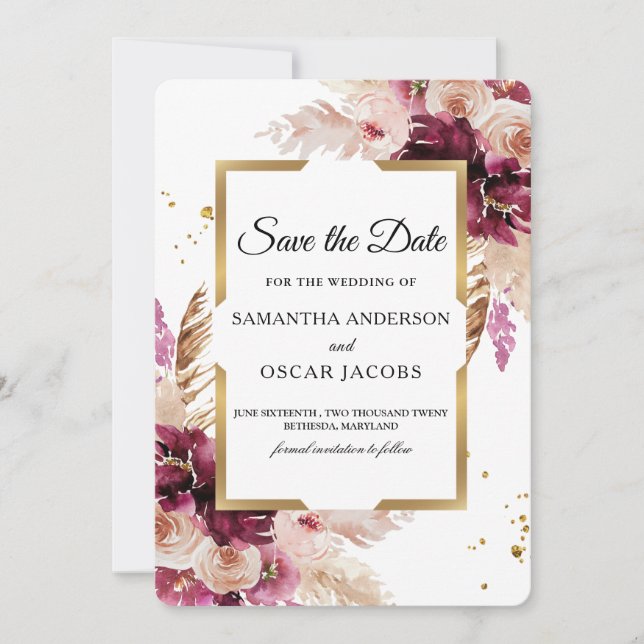 Modern Burgundy Blush Pink  Floral & Gold Frame Save The Date (Front)