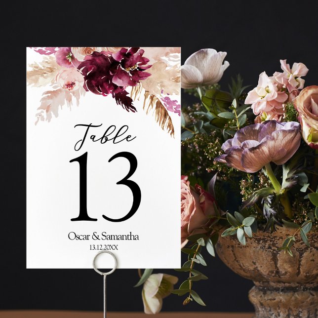Modern Burgundy Blush Pink  Floral  Table Number (Creator Uploaded)