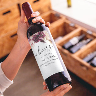 Modern Burgundy Blush Pink Floral Wine Label