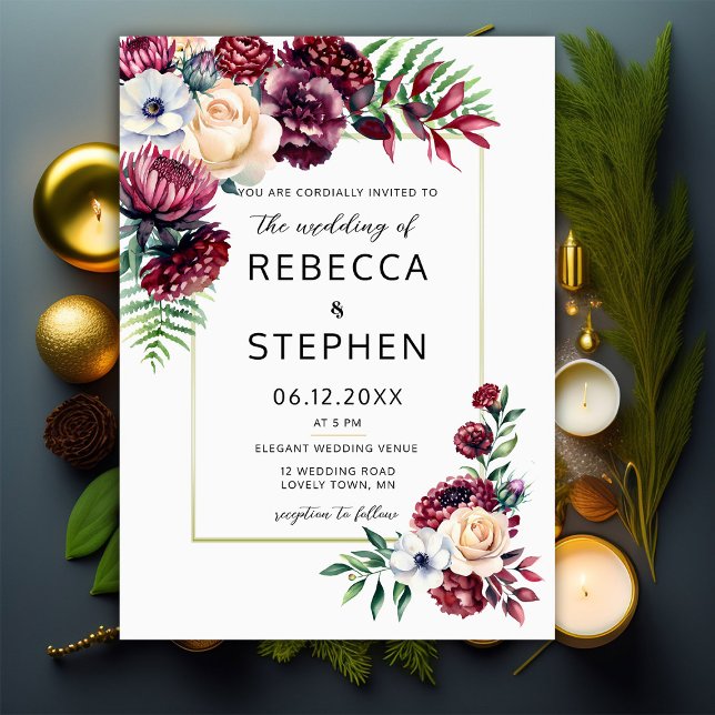 Modern Burgundy Blush Roses Elegant Ivory Wedding Invitation (Creator Uploaded)