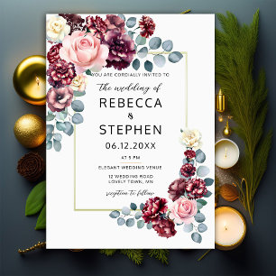 Modern Burgundy Blush Roses Floral Frame Wedding Invitation