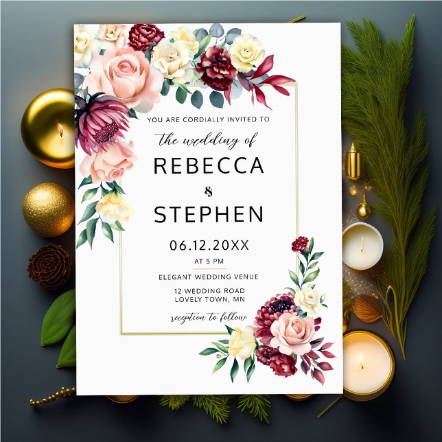 Modern Burgundy Blush Roses Floral Ivory Wedding Invitation (Creator Uploaded)