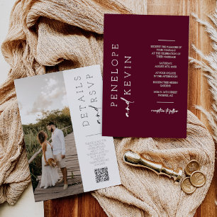 Modern Burgundy Boho Wedding Photo QR Code RSVP  Invitation