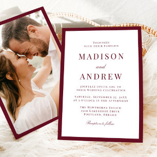 Modern Burgundy Border Photo Wedding Invitation