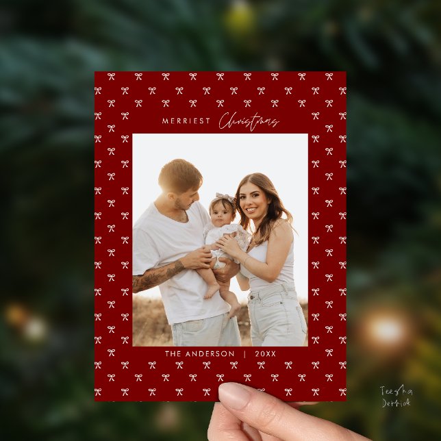 Modern Burgundy Bow Pattern Family Photo Christmas Postcard (Modern Burgundy Red wine Bow Pattern Family Photo Christmas Postcard in Vintage theme)