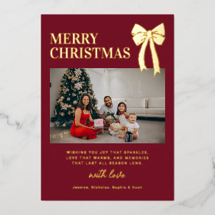 Modern Burgundy Bow Photo Christmas Gold