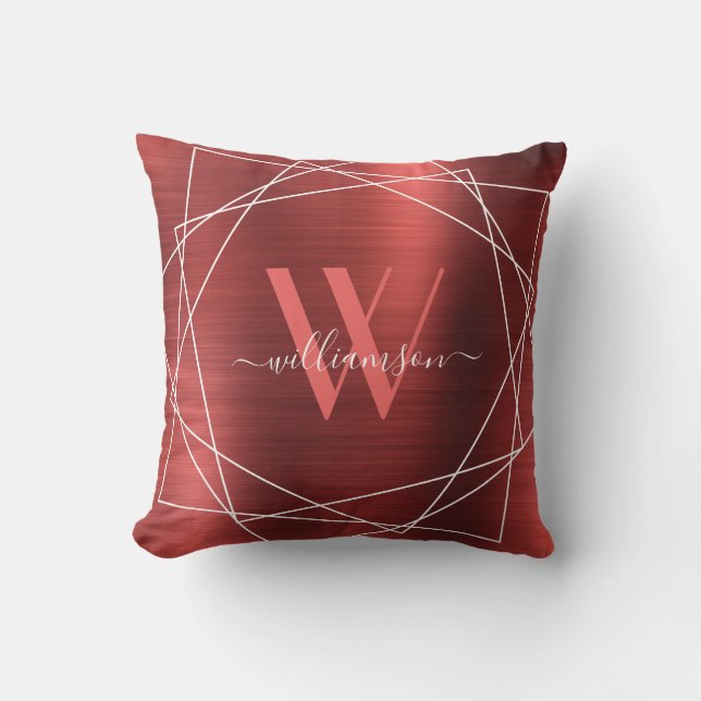 Modern Burgundy Brushed Metal Monogram Name Script Cushion (Front)