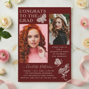 Modern Burgundy Butterfly Photo Graduation Party Invitation