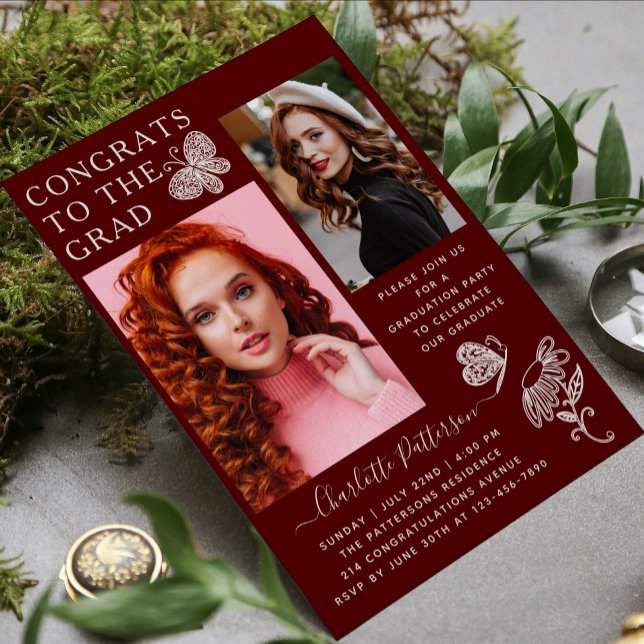 Modern Burgundy Butterfly Photo Graduation Party Invitation (Creator Uploaded)