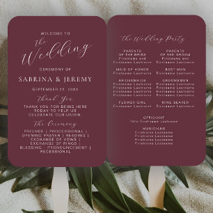 Modern Burgundy Calligraphy Script Wedding Program Hand Fan