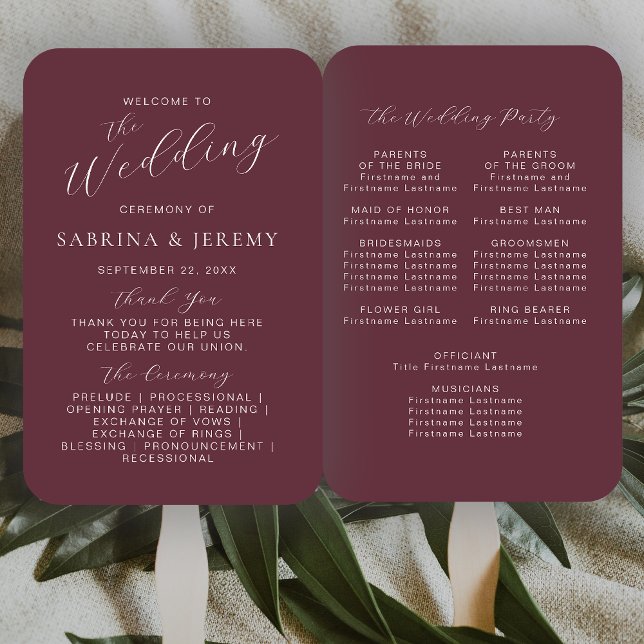 Modern Burgundy Calligraphy Script Wedding Program Hand Fan (Creator Uploaded)