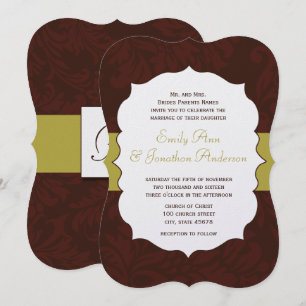 Modern Burgundy Chartreuse Damask Wedding Invite