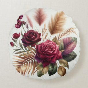Modern Burgundy colour rose & pampas grass Round Cushion