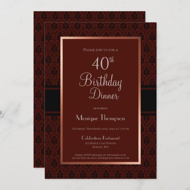 Modern Burgundy Copper 40th Birthday Dinner Party Invitation (Front/Back)