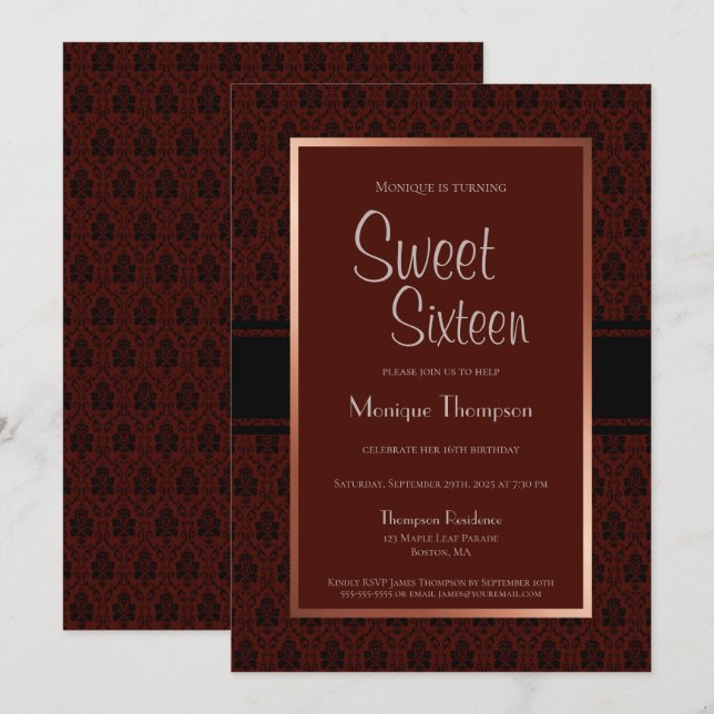 Modern Burgundy Copper Sweet 16 Birthday Party Invitation (Front/Back)