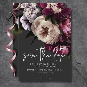 Modern Burgundy & Cream Peonies Floral Black Save The Date