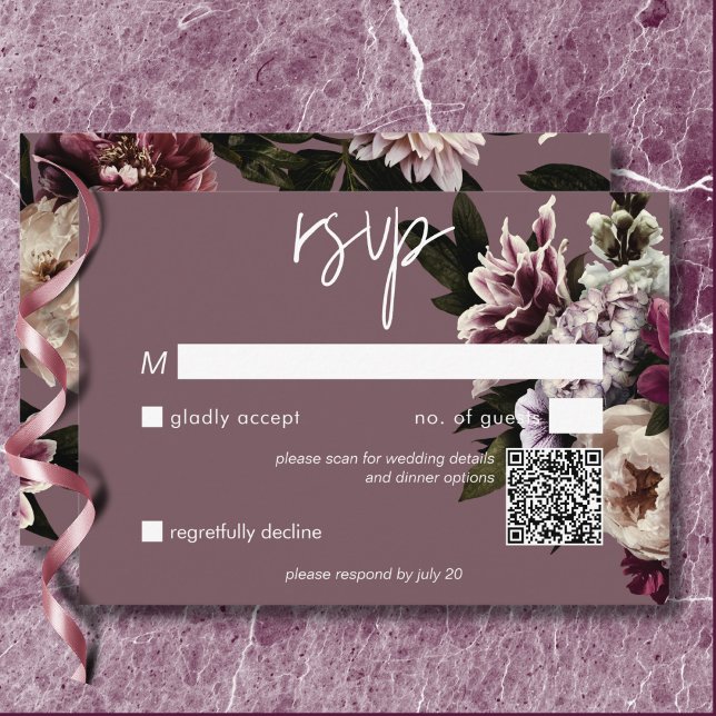 Modern Burgundy & Cream Peonies Floral QR Code RSVP Card (Modern Burgundy & Cream Peonies Floral QR Code RSVP Card)