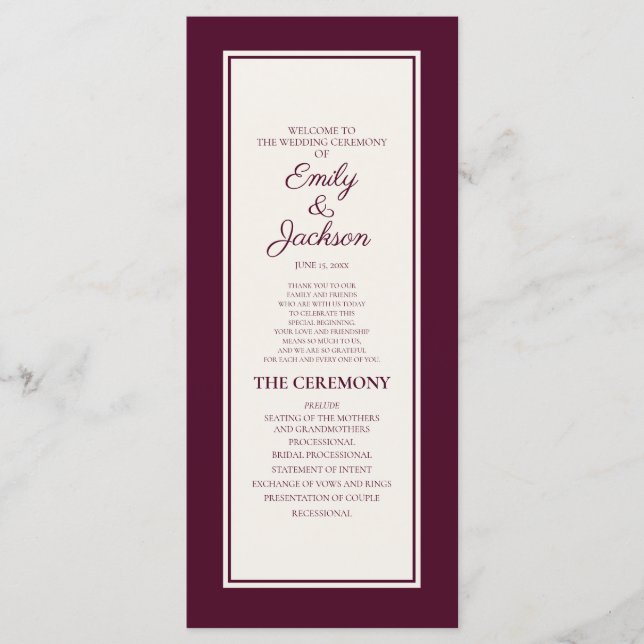 Modern Burgundy Cream Wedding Custom Program Programme (Front)