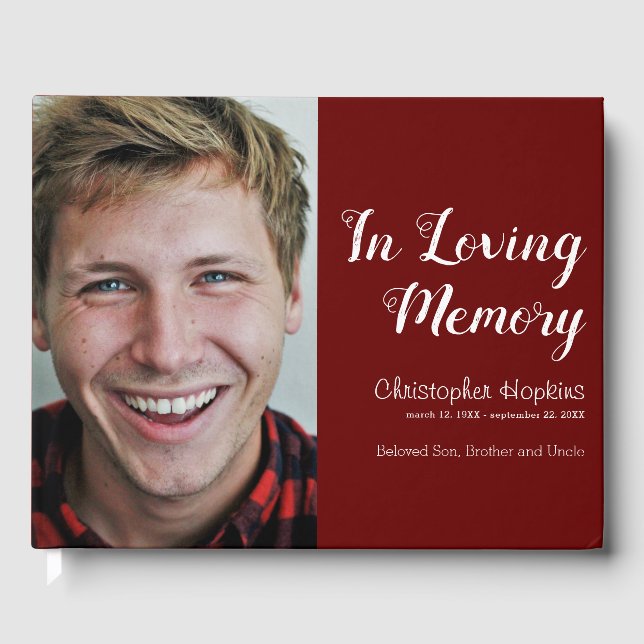 Modern Burgundy Custom Photo In Loving Memory Guest Book (Front)