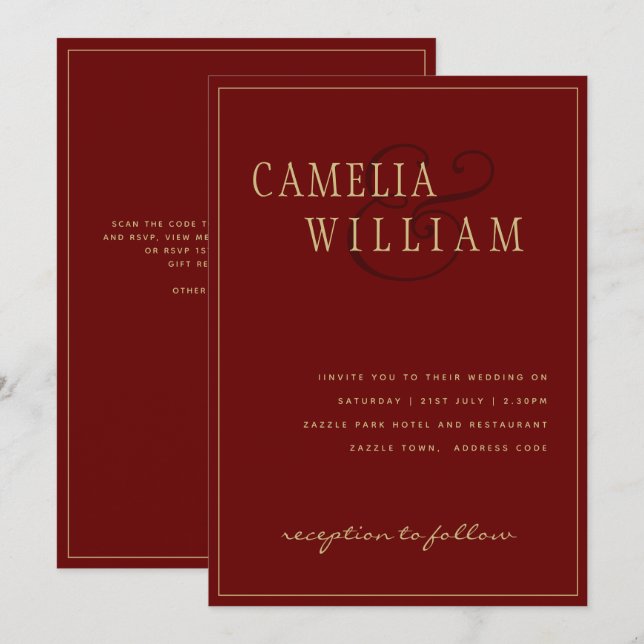 Modern Burgundy Deep Red Wedding Invitation Gold (Front/Back)