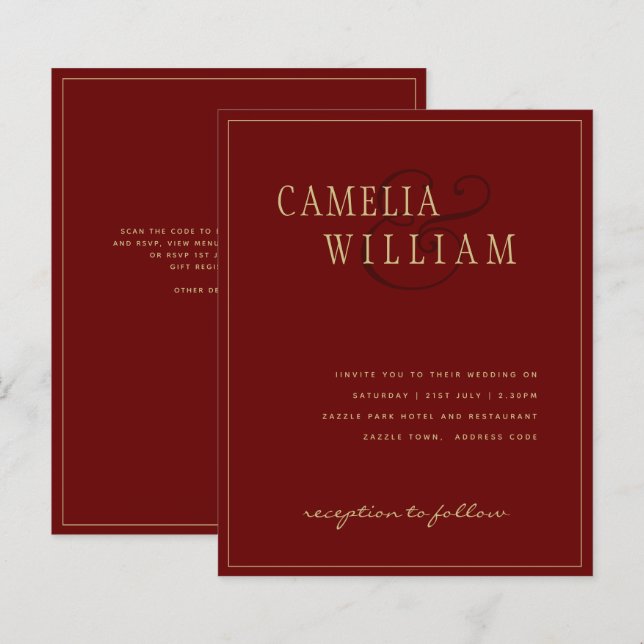 Modern Burgundy Deep Red Wedding Invitation Gold (Front/Back)