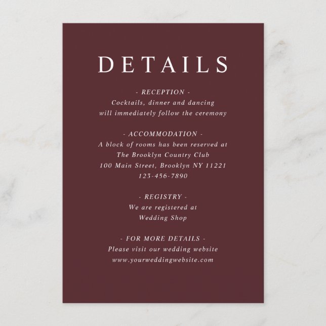 Modern Burgundy Dusty Blue Floral Wedding Details Enclosure Card (Front)