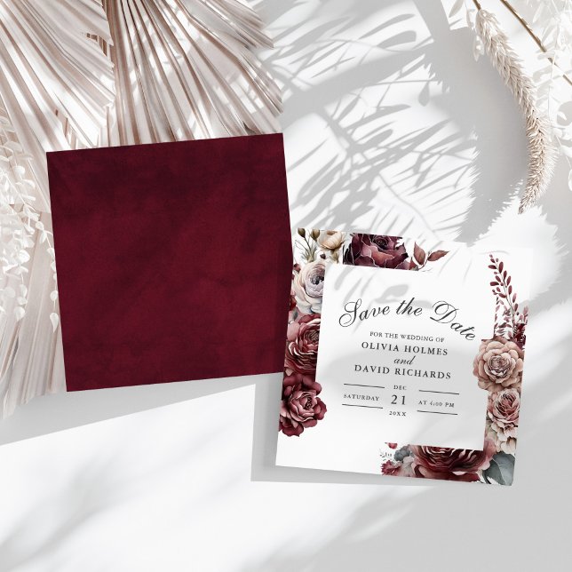 Modern Burgundy & Dusty Rose Floral Save the Date (Modern Burgundy & Dusty Rose Floral Save the Date on a sunny table with boho white dry botanicals)