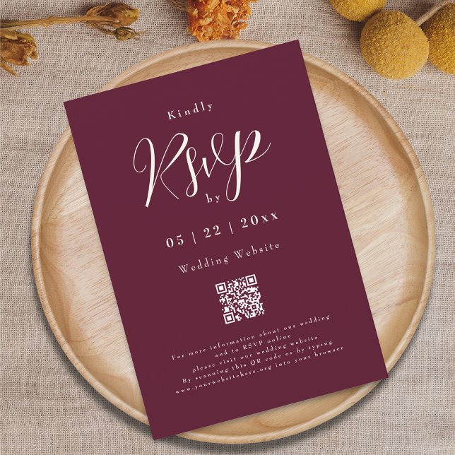 Modern Burgundy Elegant Script QR Code Wedding RSVP Card (Burgundy and cream ivory elegant script qr code wedding rsvp card)