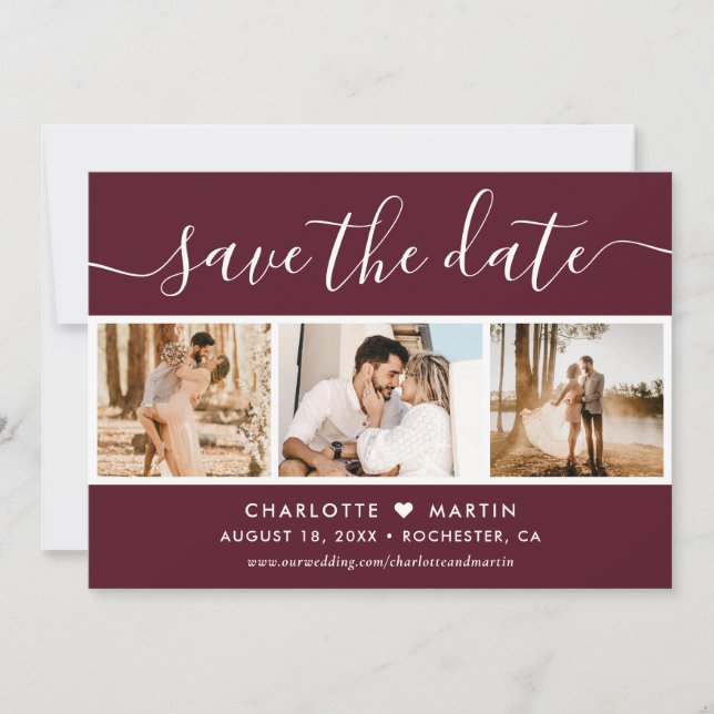 Modern Burgundy Fall Wedding 4 Photo Save The Date (Front)