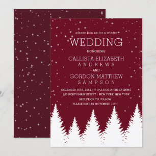 Modern Burgundy Falling Snow Winter Trees Wedding Invitation