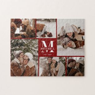 Modern Burgundy Family 6 Photo Collage Keepsake Jigsaw Puzzle