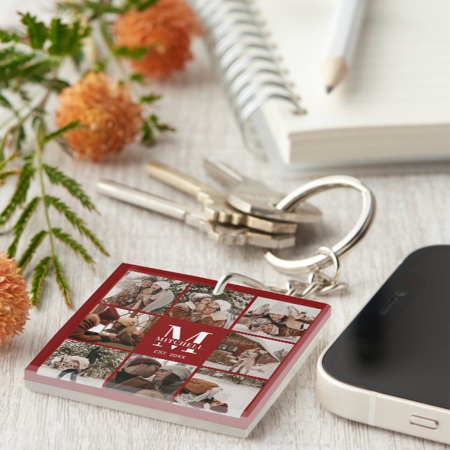 Modern Burgundy Family Photo Collage Monogram Gift Key Ring (Front Right)
