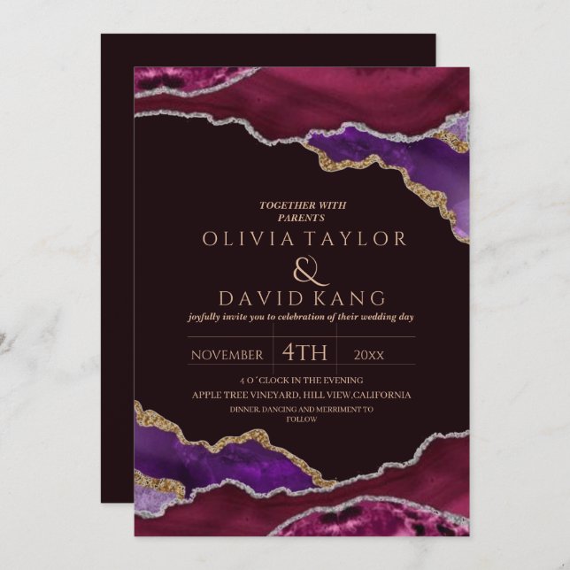 Modern Burgundy faux gold Purple mix Agate Wedding Invitation (Front/Back)