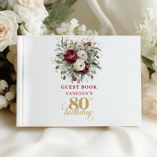 Modern Burgundy Floral 80th Birthday Guest Book