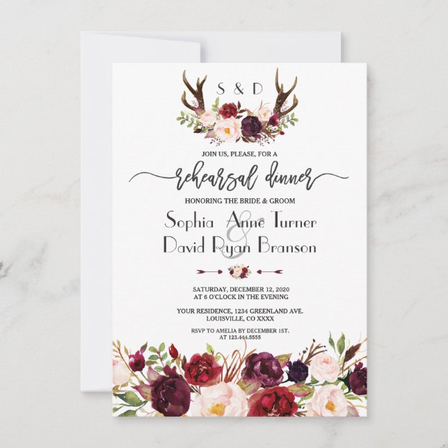 Modern Burgundy Floral Antlers Rehearsal Dinner Invitation (Front)