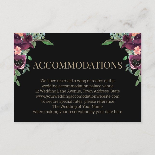 Modern Burgundy Floral Black Gold Accommodation Enclosure Card (Front)