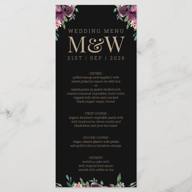 Modern Burgundy Floral Black Gold Monogram Wedding Menu (Front)