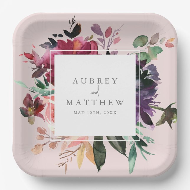 Modern Burgundy Floral Blush Pink Wedding Paper Plate (Front)