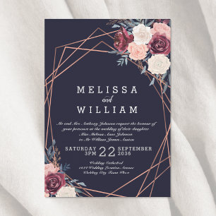 Modern Burgundy Floral Copper Navy Wedding Invitation