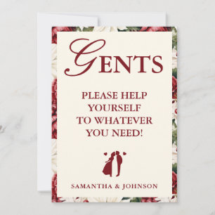 Modern Burgundy Floral Gents Bathroom Basket Sign Invitation